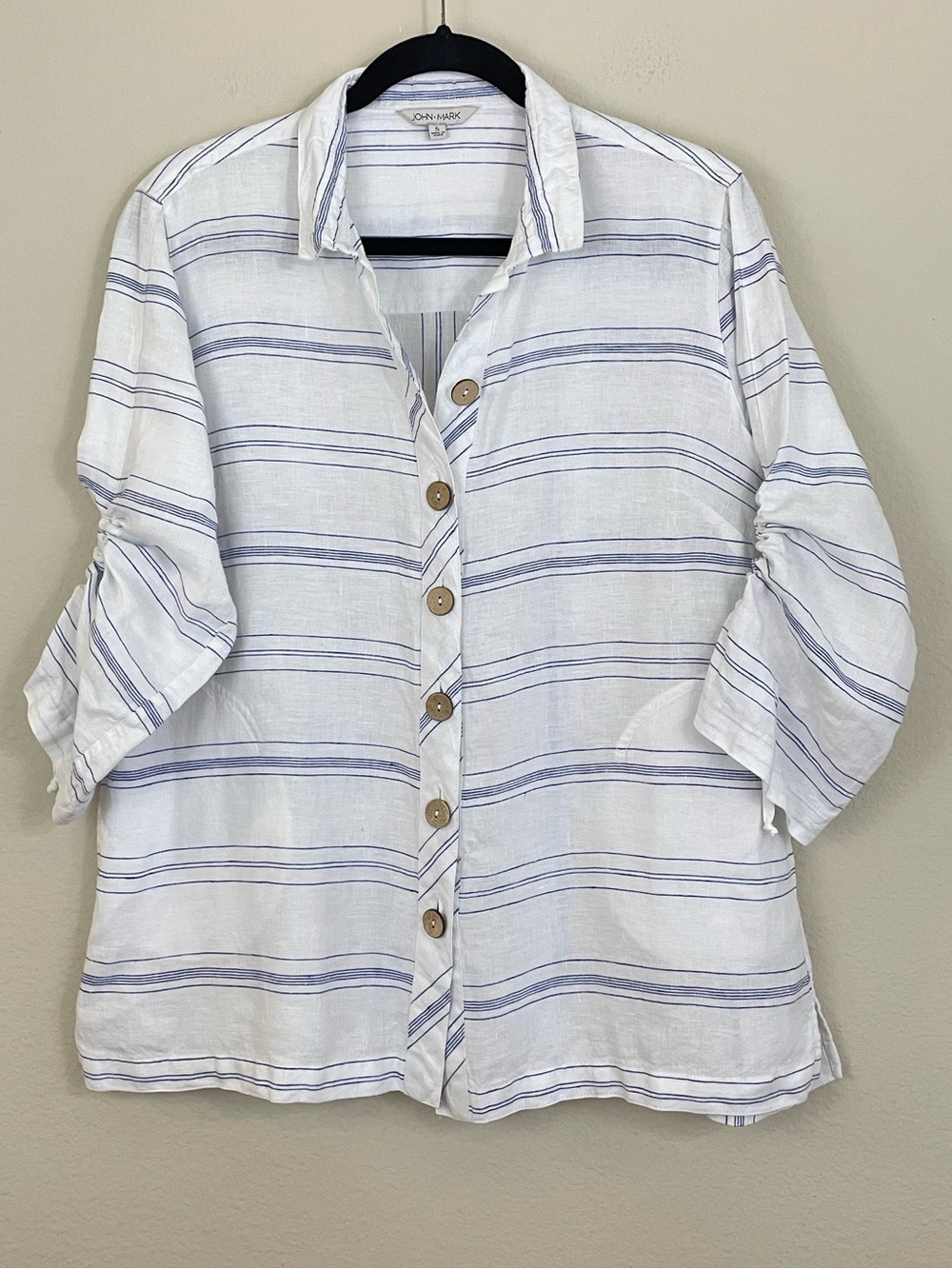 John Mark White & Blue Striped Linen Button-Up Shirt Adjustable Sleeves Size S
